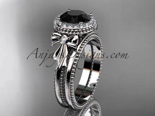 14kt white gold diamond unique engagement set, wedding ring with a Black Diamond center stone ADER157S - AnjaysDesigns