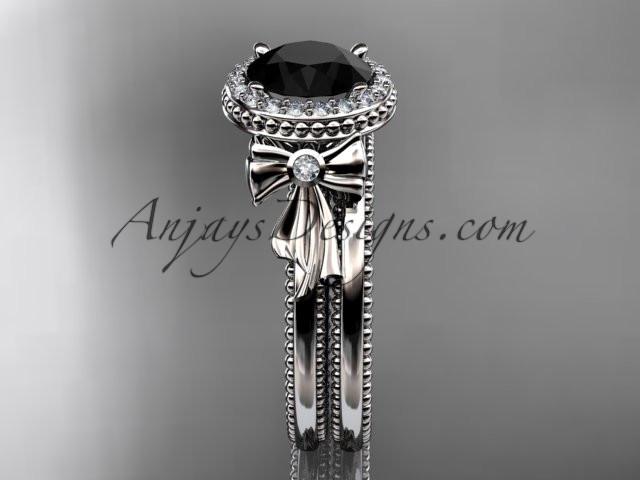 platinum diamond unique engagement set, wedding ring with a Black Diamond center stone ADER157S - AnjaysDesigns
