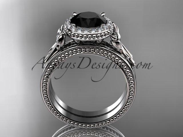 14kt white gold diamond unique engagement set, wedding ring with a Black Diamond center stone ADER157S - AnjaysDesigns