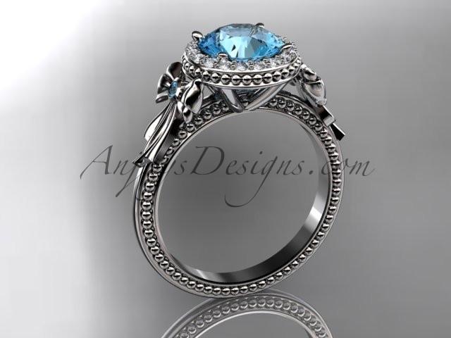 14kt white gold diamond unique engagement ring, wedding ring ADER157 with blue topaz center stone - AnjaysDesigns