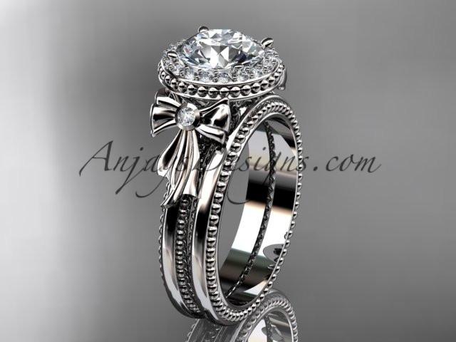platinum diamond unique engagement set, wedding ring with a "Forever One" Moissanite center stone ADER157S - AnjaysDesigns
