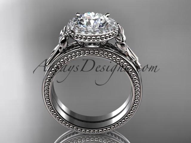 14kt white gold diamond unique engagement set, wedding ring with a "Forever One" Moissanite center stone ADER157S - AnjaysDesigns