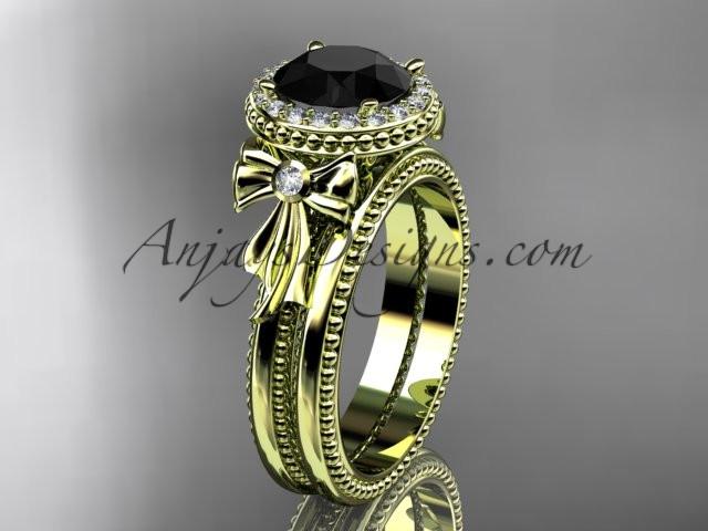 14kt yellow gold diamond unique engagement set, wedding ring with a Black Diamond center stone ADER157S - AnjaysDesigns