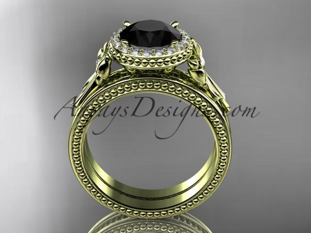 14kt yellow gold diamond unique engagement set, wedding ring with a Black Diamond center stone ADER157S - AnjaysDesigns