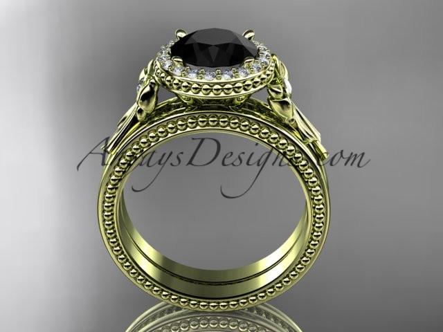 14kt yellow gold diamond unique engagement set, wedding ring with a Black Diamond center stone ADER157S - AnjaysDesigns
