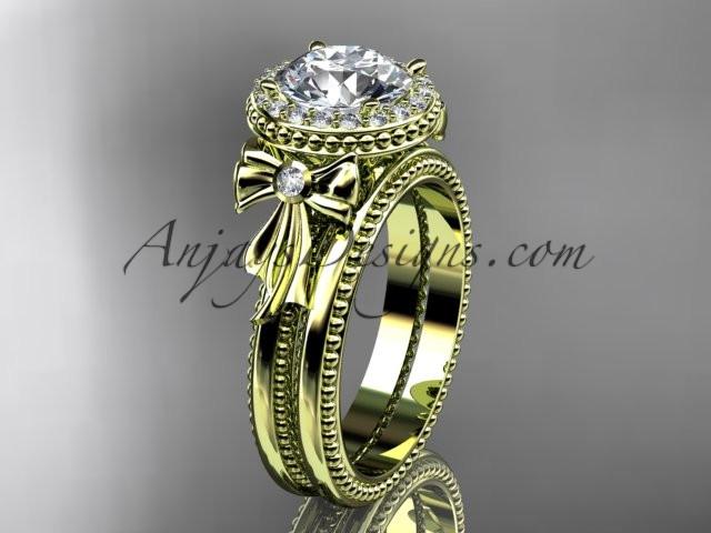 14kt yellow gold diamond unique engagement set, wedding ring with a "Forever One" Moissanite center stone ADER157S - AnjaysDesigns