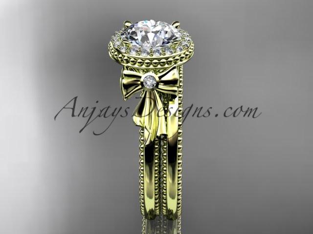 14kt yellow gold diamond unique engagement set, wedding ring with a "Forever One" Moissanite center stone ADER157S - AnjaysDesigns