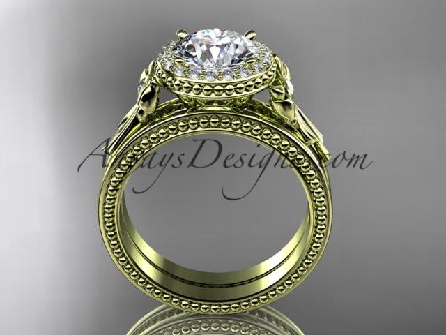 14kt yellow gold diamond unique engagement set, wedding ring with a "Forever One" Moissanite center stone ADER157S - AnjaysDesigns
