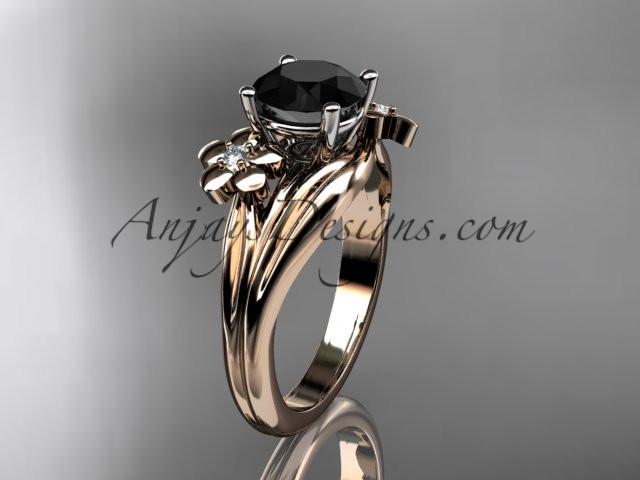 14k rose gold diamond leaf and vine wedding ring, engagement ring with a Black Diamond center stone ADLR159 - AnjaysDesigns, Black Diamond Engagement Rings - Jewelry, Anjays Designs - AnjaysDesigns, AnjaysDesigns - AnjaysDesigns.co, 