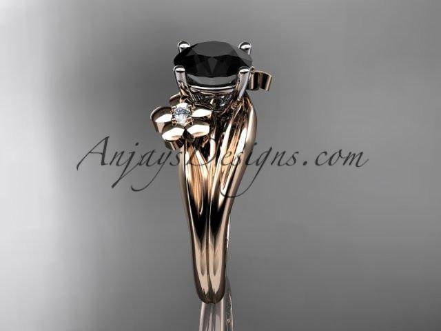 14k rose gold diamond leaf and vine wedding ring, engagement ring with a Black Diamond center stone ADLR159 - AnjaysDesigns, Black Diamond Engagement Rings - Jewelry, Anjays Designs - AnjaysDesigns, AnjaysDesigns - AnjaysDesigns.co, 
