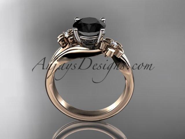 14k rose gold diamond leaf and vine wedding ring, engagement ring with a Black Diamond center stone ADLR159 - AnjaysDesigns, Black Diamond Engagement Rings - Jewelry, Anjays Designs - AnjaysDesigns, AnjaysDesigns - AnjaysDesigns.co, 