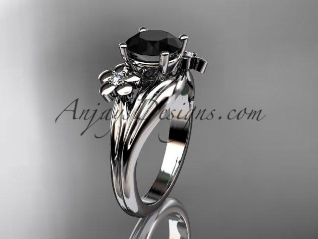platinum diamond leaf and vine wedding ring, engagement ring with a Black Diamond center stone ADLR159 - AnjaysDesigns