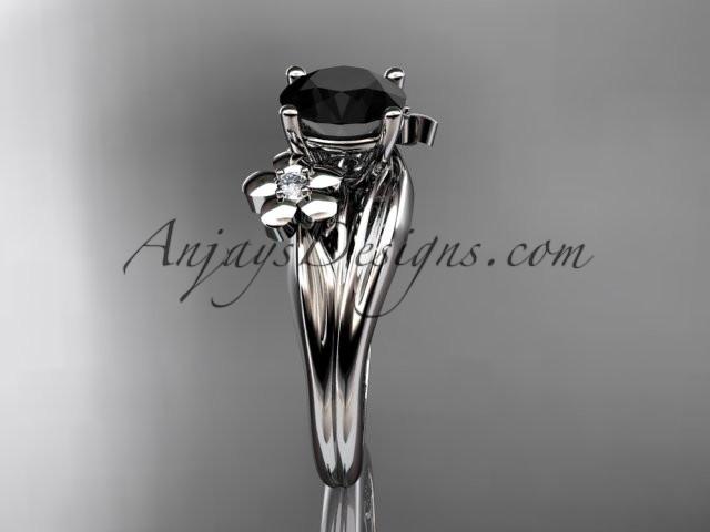14k white gold diamond leaf and vine wedding ring, engagement ring with a Black Diamond center stone ADLR159 - AnjaysDesigns