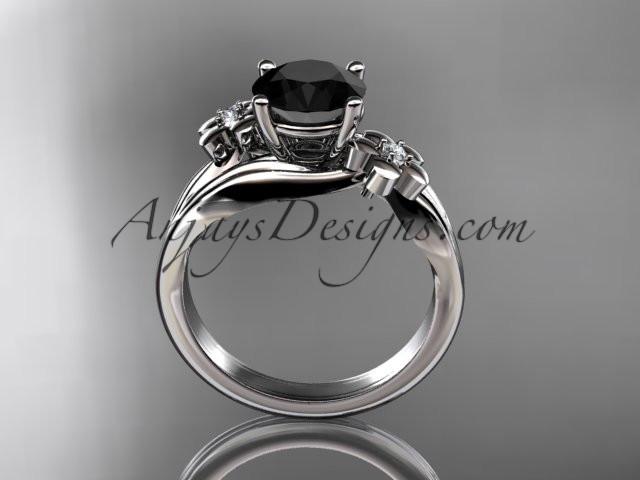 platinum diamond leaf and vine wedding ring, engagement ring with a Black Diamond center stone ADLR159 - AnjaysDesigns