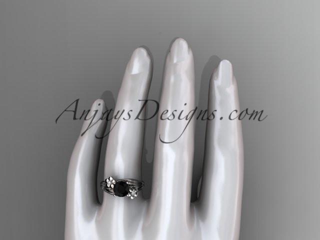 platinum diamond leaf and vine wedding ring, engagement ring with a Black Diamond center stone ADLR159 - AnjaysDesigns