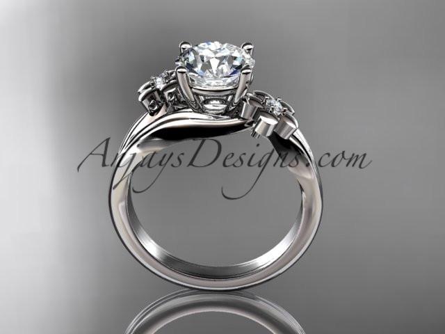 14k white gold diamond leaf and vine wedding ring, engagement ring with a "Forever One" Moissanite center stone ADLR159 - AnjaysDesigns