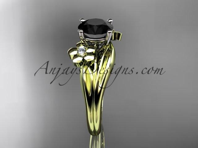 14k yellow gold diamond leaf and vine wedding ring, engagement ring with a Black Diamond center stone ADLR159 - AnjaysDesigns