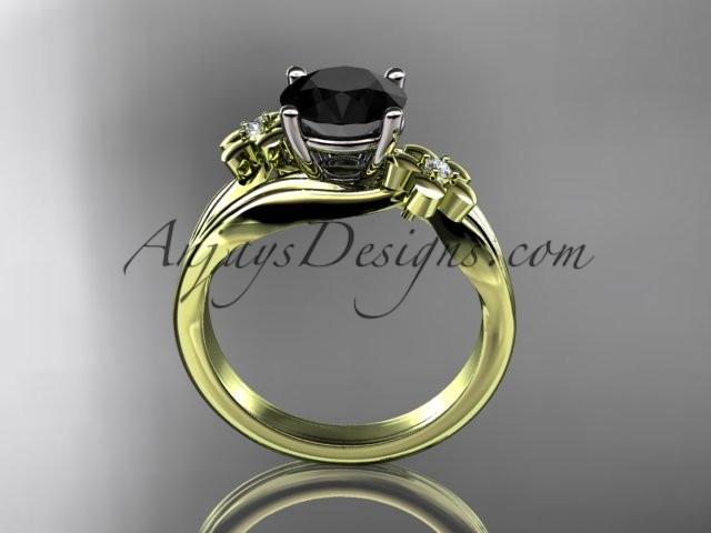 14k yellow gold diamond leaf and vine wedding ring, engagement ring with a Black Diamond center stone ADLR159 - AnjaysDesigns