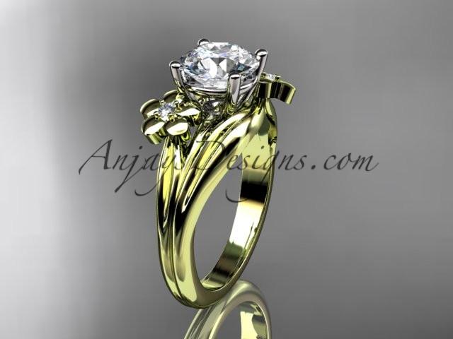14k yellow gold diamond leaf and vine wedding ring, engagement ring with a "Forever One" Moissanite center stone ADLR159 - AnjaysDesigns
