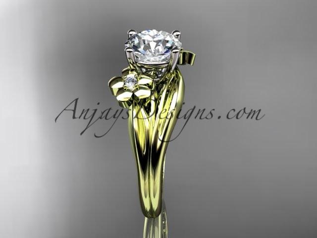 14k yellow gold diamond leaf and vine wedding ring, engagement ring with a "Forever One" Moissanite center stone ADLR159 - AnjaysDesigns