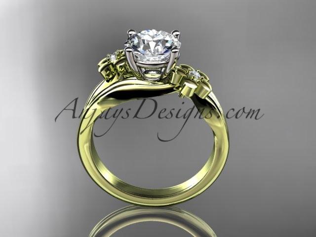 14k yellow gold diamond leaf and vine wedding ring, engagement ring with a "Forever One" Moissanite center stone ADLR159 - AnjaysDesigns