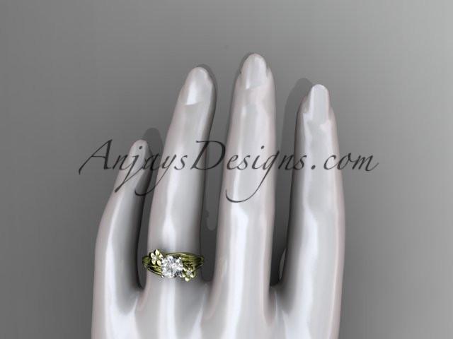 14k yellow gold diamond leaf and vine wedding ring, engagement ring with a "Forever One" Moissanite center stone ADLR159 - AnjaysDesigns