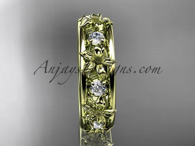 14kt yellow gold diamond leaf wedding ring, engagement ring, wedding band. ADLR160 nature inspired jewelry - AnjaysDesigns
