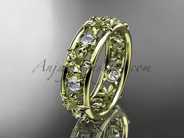 14kt yellow gold diamond leaf wedding ring, engagement ring, wedding band. ADLR160 nature inspired jewelry - AnjaysDesigns