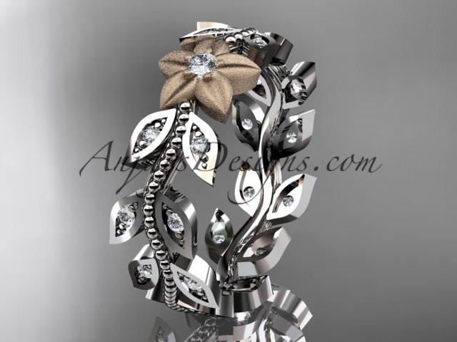 14kt two-tone gold diamond flower, leaf and vine wedding ring, engagement ring, wedding band ADLR161 - AnjaysDesigns