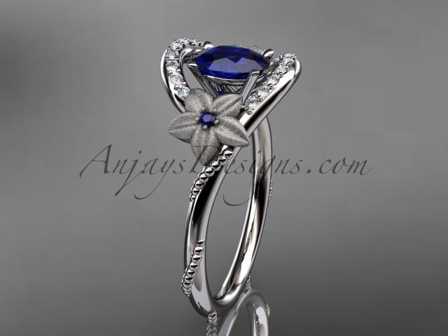 14kt white gold diamond unique floral engagement ring,wedding ring ADLR166. with natural royal blue sapphire center stone - AnjaysDesigns