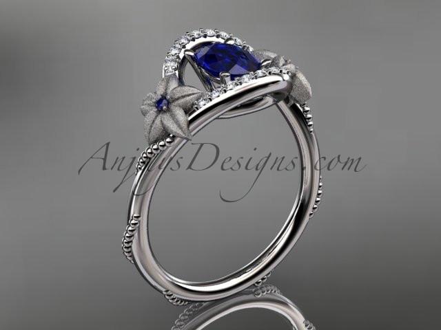 14kt white gold diamond unique floral engagement ring,wedding ring ADLR166. with natural royal blue sapphire center stone - AnjaysDesigns