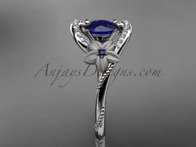14kt white gold diamond unique floral engagement ring,wedding ring ADLR166. with natural royal blue sapphire center stone - AnjaysDesigns
