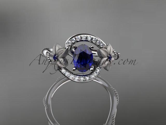 14kt white gold diamond unique floral engagement ring,wedding ring ADLR166. with natural royal blue sapphire center stone - AnjaysDesigns