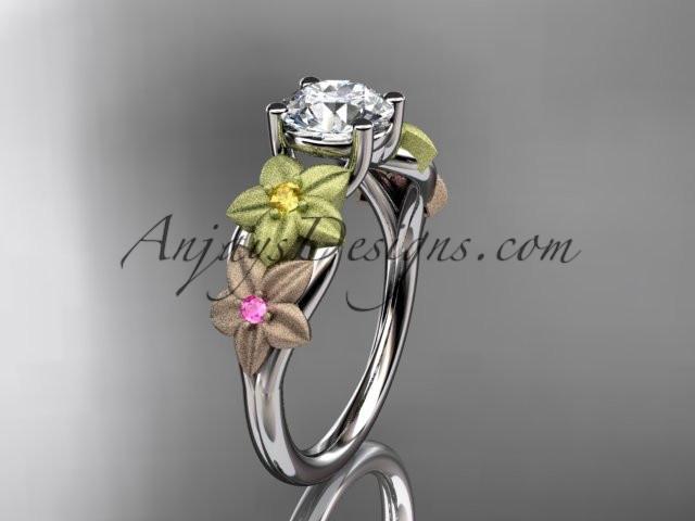 14kt tri color gold floral unique engagement ring, wedding ring with a "Forever One" Moissanite center stone ADLR169 - AnjaysDesigns