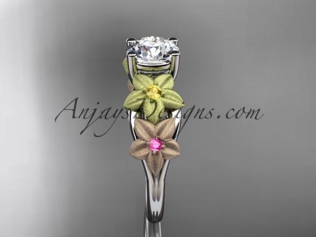 14kt tri color gold floral unique engagement ring, wedding ring with a "Forever One" Moissanite center stone ADLR169 - AnjaysDesigns