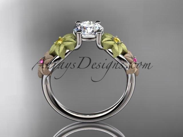 14kt tri color gold floral unique engagement ring, wedding ring with a "Forever One" Moissanite center stone ADLR169 - AnjaysDesigns