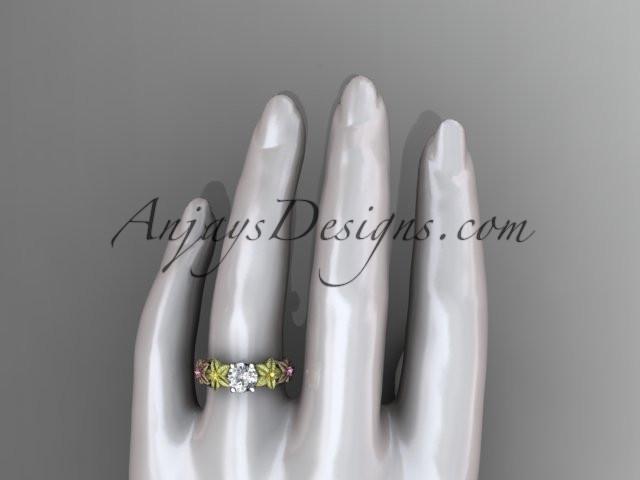14kt tri color gold floral unique engagement ring, wedding ring with a "Forever One" Moissanite center stone ADLR169 - AnjaysDesigns