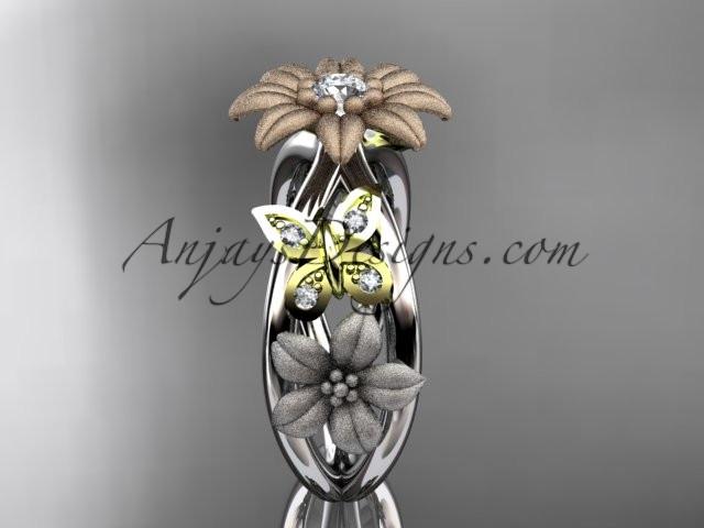 14kt tri color gold floral diamond unique engagement ring, wedding ring with a "Forever One" Moissanite center stone ADLR171 - AnjaysDesigns
