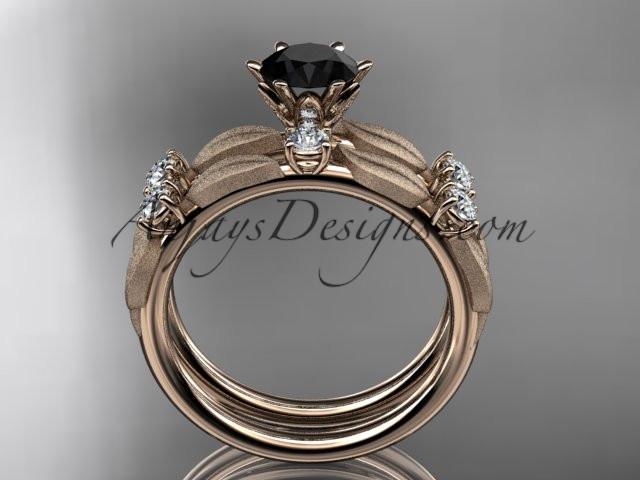 14kt rose gold diamond unique leaf and vine engagement set, wedding set with a Black Diamond center stone ADER177S - AnjaysDesigns
