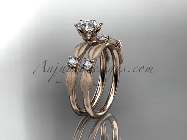 14kt rose gold diamond unique leaf and vine engagement set, wedding set with a "Forever One" Moissanite center stone ADER177S - AnjaysDesigns