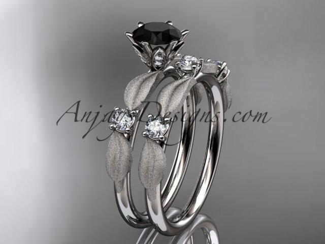 14kt white gold diamond unique leaf and vine engagement set, wedding set with a Black Diamond center stone ADER177S - AnjaysDesigns