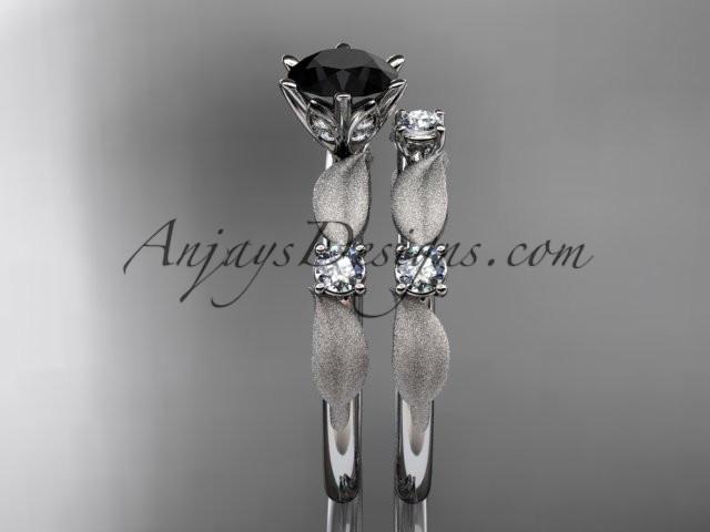 14kt white gold diamond unique leaf and vine engagement set, wedding set with a Black Diamond center stone ADER177S - AnjaysDesigns