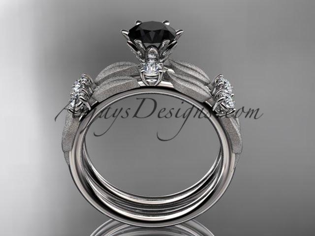 14kt white gold diamond unique leaf and vine engagement set, wedding set with a Black Diamond center stone ADER177S - AnjaysDesigns