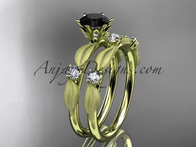 14kt yellow gold diamond unique leaf and vine engagement set, wedding set with a Black Diamond center stone ADER177S - AnjaysDesigns