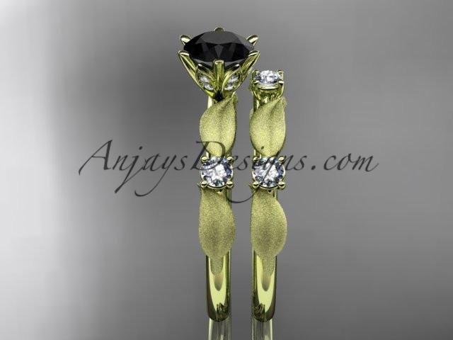 14kt yellow gold diamond unique leaf and vine engagement set, wedding set with a Black Diamond center stone ADER177S - AnjaysDesigns