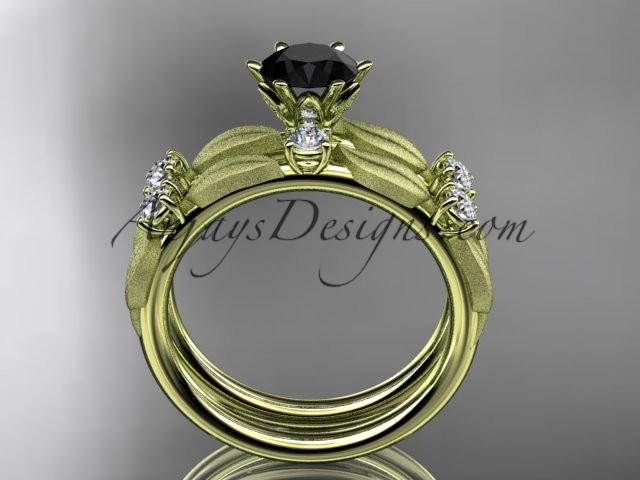 14kt yellow gold diamond unique leaf and vine engagement set, wedding set with a Black Diamond center stone ADER177S - AnjaysDesigns