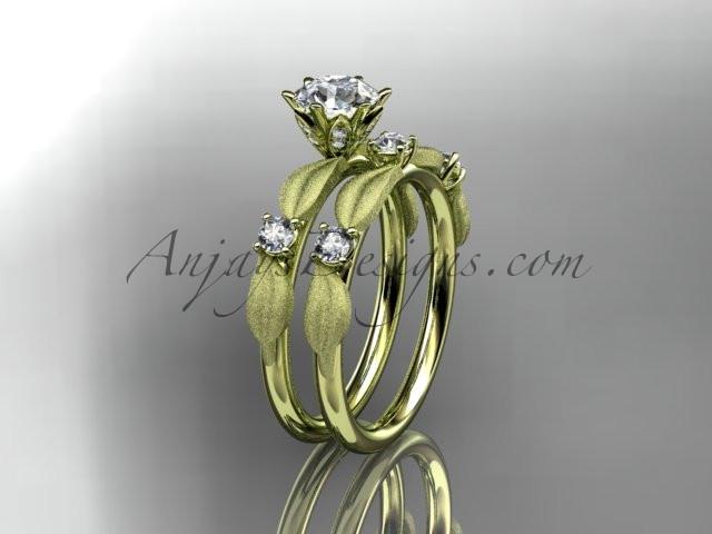 14kt yellow gold diamond unique leaf and vine engagement set, wedding set with a "Forever One" Moissanite center stone ADER177S - AnjaysDesigns