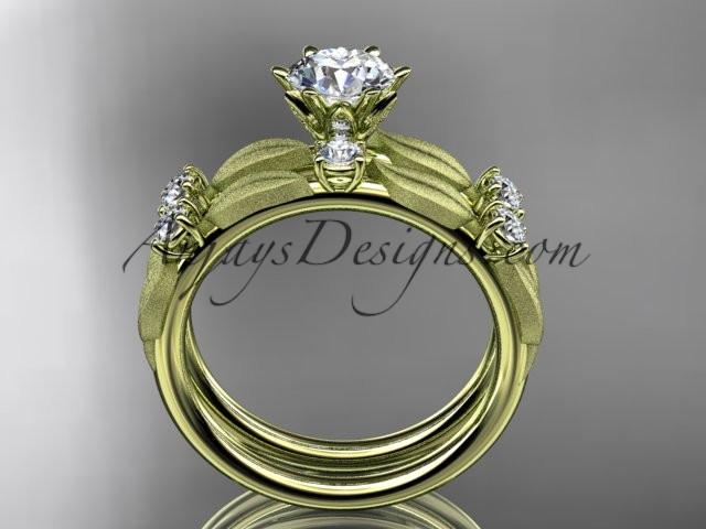 14kt yellow gold diamond unique leaf and vine engagement set, wedding set with a "Forever One" Moissanite center stone ADER177S - AnjaysDesigns