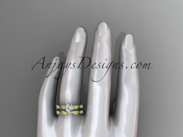 14kt yellow gold diamond unique leaf and vine engagement set, wedding set with a "Forever One" Moissanite center stone ADER177S - AnjaysDesigns