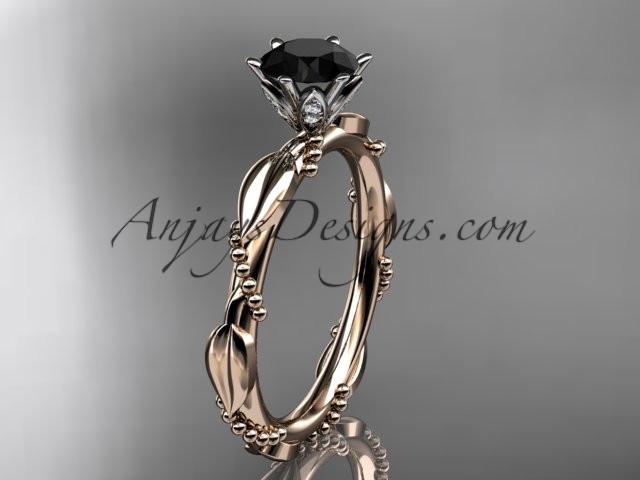 14k rose gold diamond vine and leaf wedding ring with a Black Diamond center stone ADLR178 - AnjaysDesigns